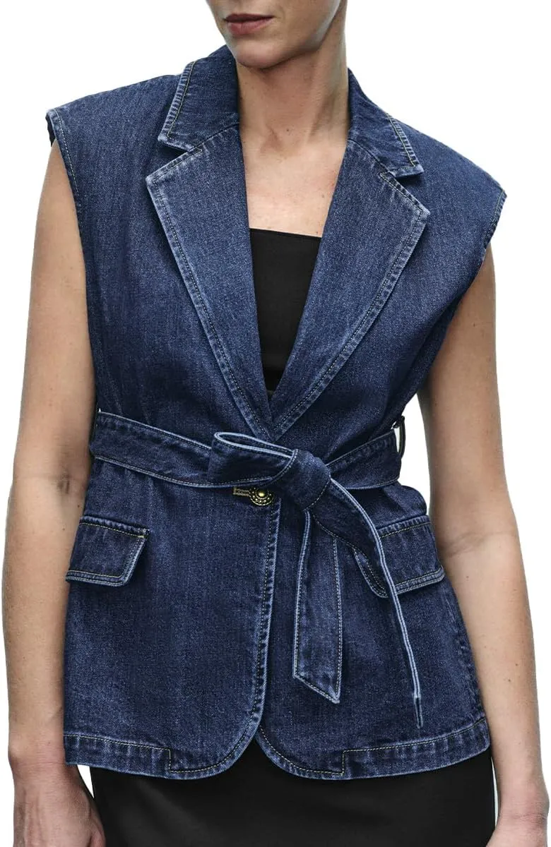 Womens Denim Vest V-Neck Lapel Button Dwon Sleeveless Classic Jean Jackets With Belt Pockets