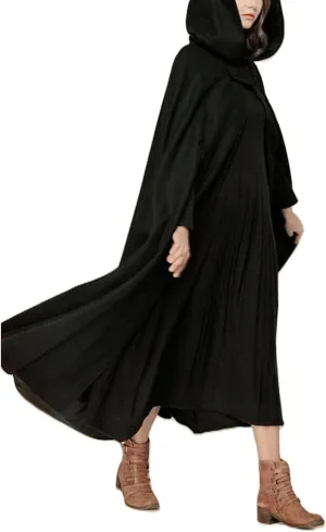 Women's Long Hooded Woolen Cloak - Vintage Solid Color Poncho Available in Black/Grey/Blue/Dark Green for a Timeless Style