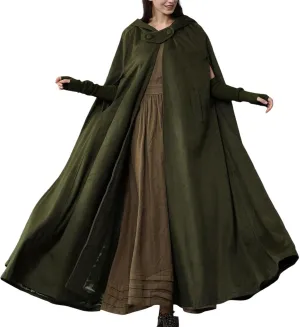 Women's Long Hooded Woolen Cloak - Vintage Solid Color Poncho Available in Black/Grey/Blue/Dark Green for a Timeless Style