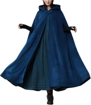 Women's Long Hooded Woolen Cloak - Vintage Solid Color Poncho Available in Black/Grey/Blue/Dark Green for a Timeless Style