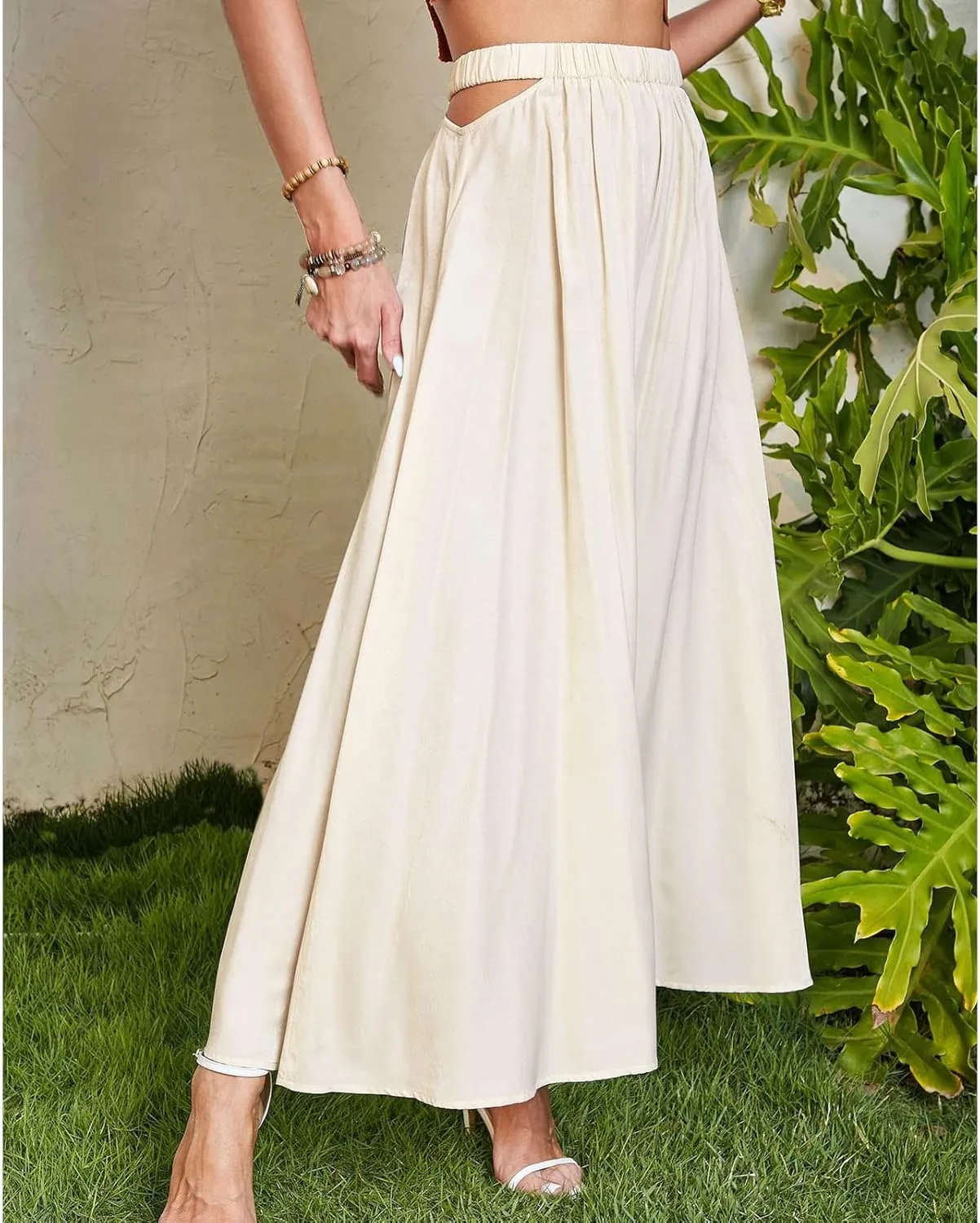 Women's Long Pleated Maxi Skirt Vintage Leisure Vacation Flared Cut Out Elastic Waist Summer Skirt