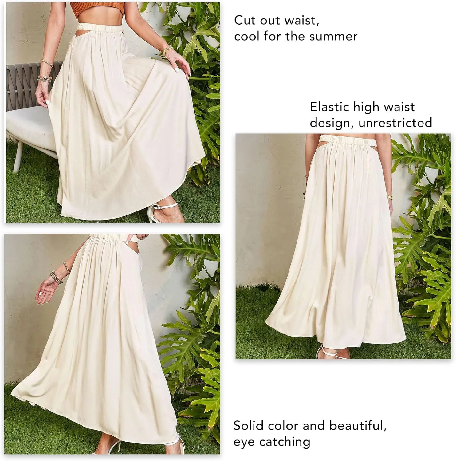 Women's Long Pleated Maxi Skirt Vintage Leisure Vacation Flared Cut Out Elastic Waist Summer Skirt