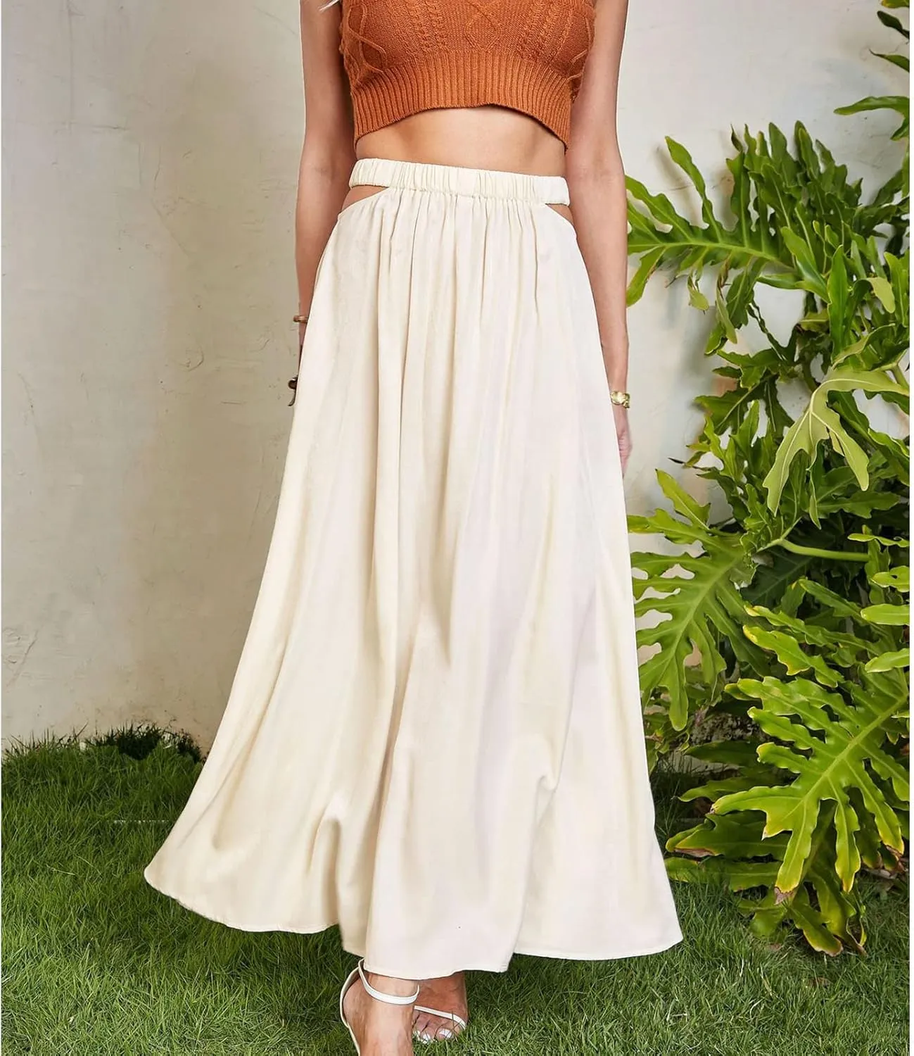 Women's Long Pleated Maxi Skirt Vintage Leisure Vacation Flared Cut Out Elastic Waist Summer Skirt