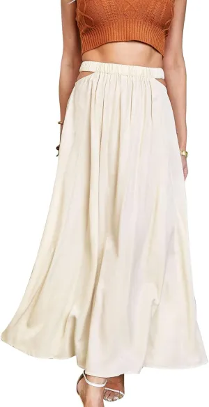 Women's Long Pleated Maxi Skirt Vintage Leisure Vacation Flared Cut Out Elastic Waist Summer Skirt