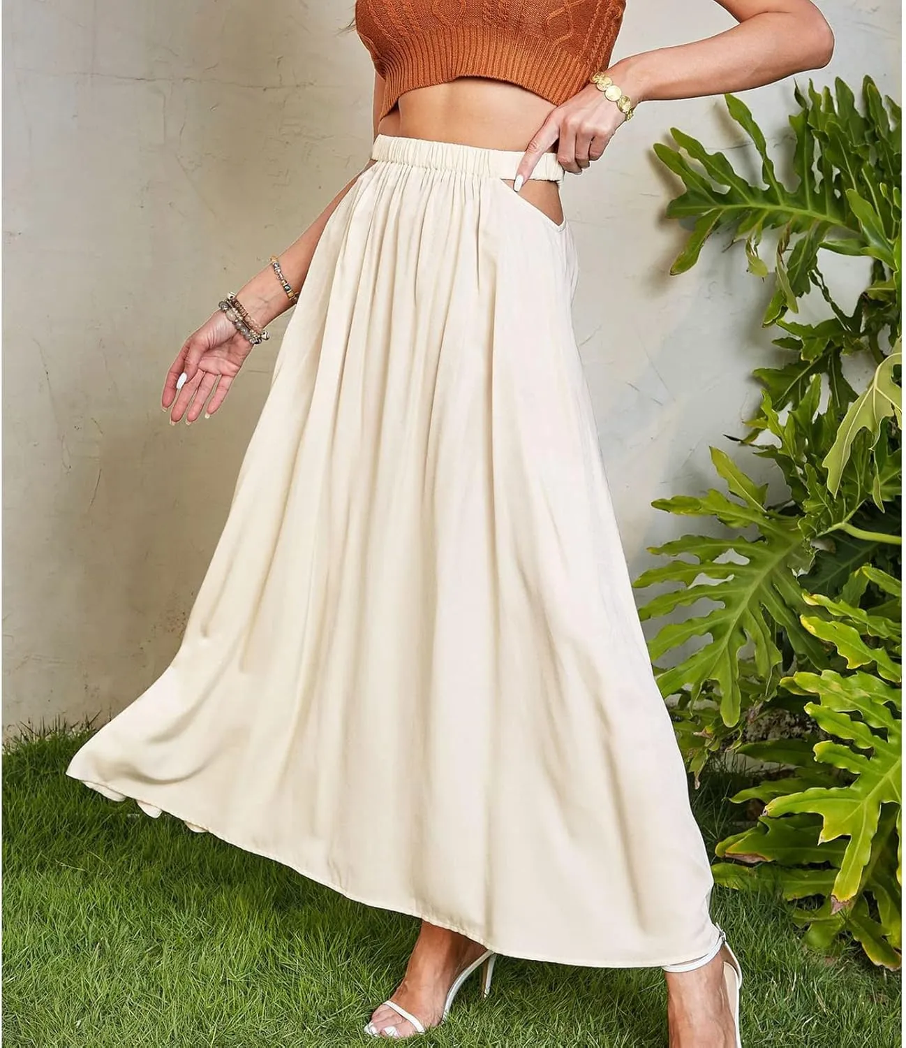 Women's Long Pleated Maxi Skirt Vintage Leisure Vacation Flared Cut Out Elastic Waist Summer Skirt