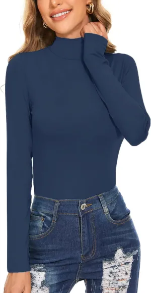 Women's Long Sleeve Mock Turtleneck Tops Casual Slim Fitted Lightweight Under Layer Pullover Shirts