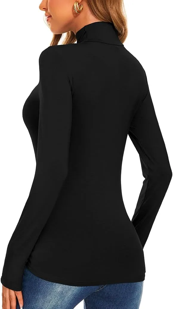 Women's Long Sleeve Mock Turtleneck Tops Casual Slim Fitted Lightweight Under Layer Pullover Shirts