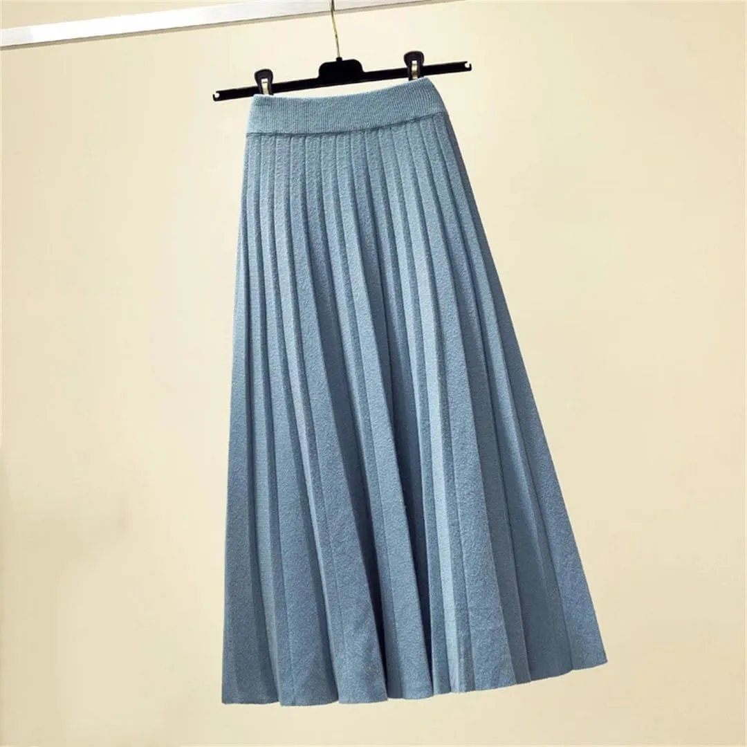 Women's Spring Winter Knitted Pleated Skirt Midi Skirt Solid Color Loose High Waist Skirts Female