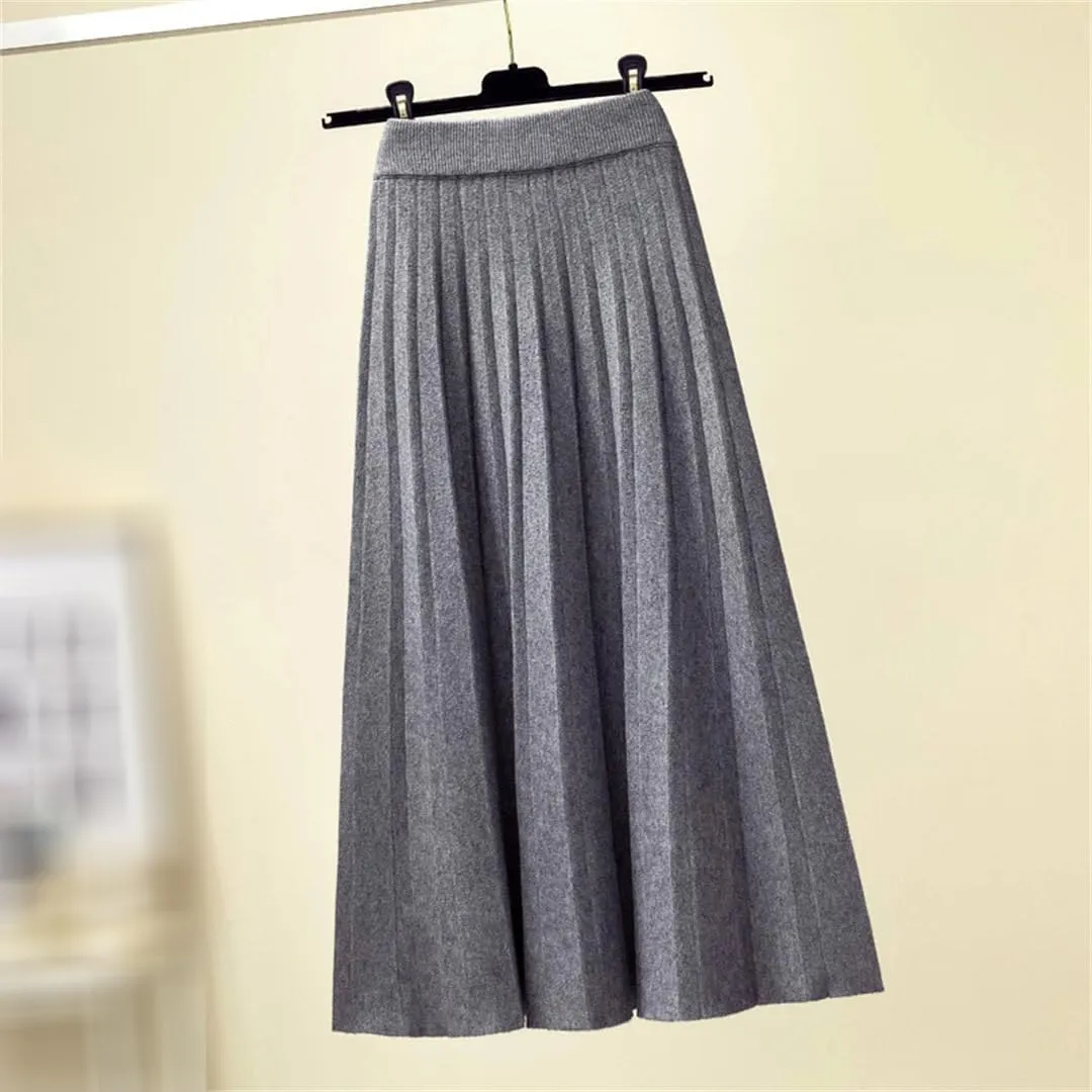 Women's Spring Winter Knitted Pleated Skirt Midi Skirt Solid Color Loose High Waist Skirts Female