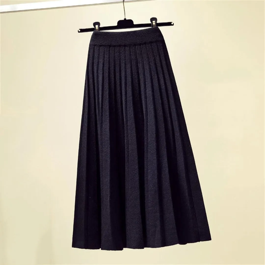 Women's Spring Winter Knitted Pleated Skirt Midi Skirt Solid Color Loose High Waist Skirts Female