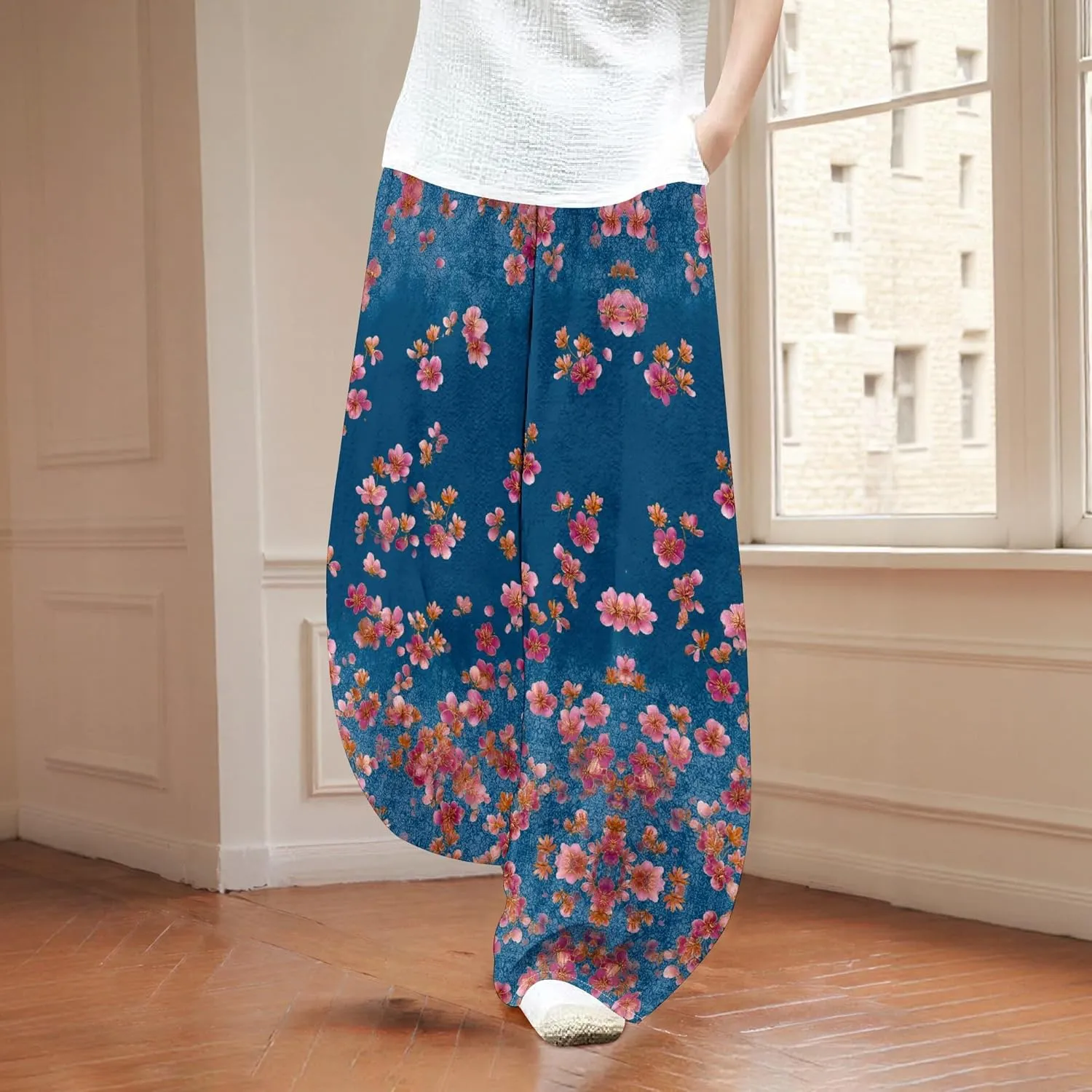 Womens Trendy Cotton Linen Low Rise Wide Leg Pants with Pockets Summer Casual Elastic Waist Palazzo Lantern Trouser