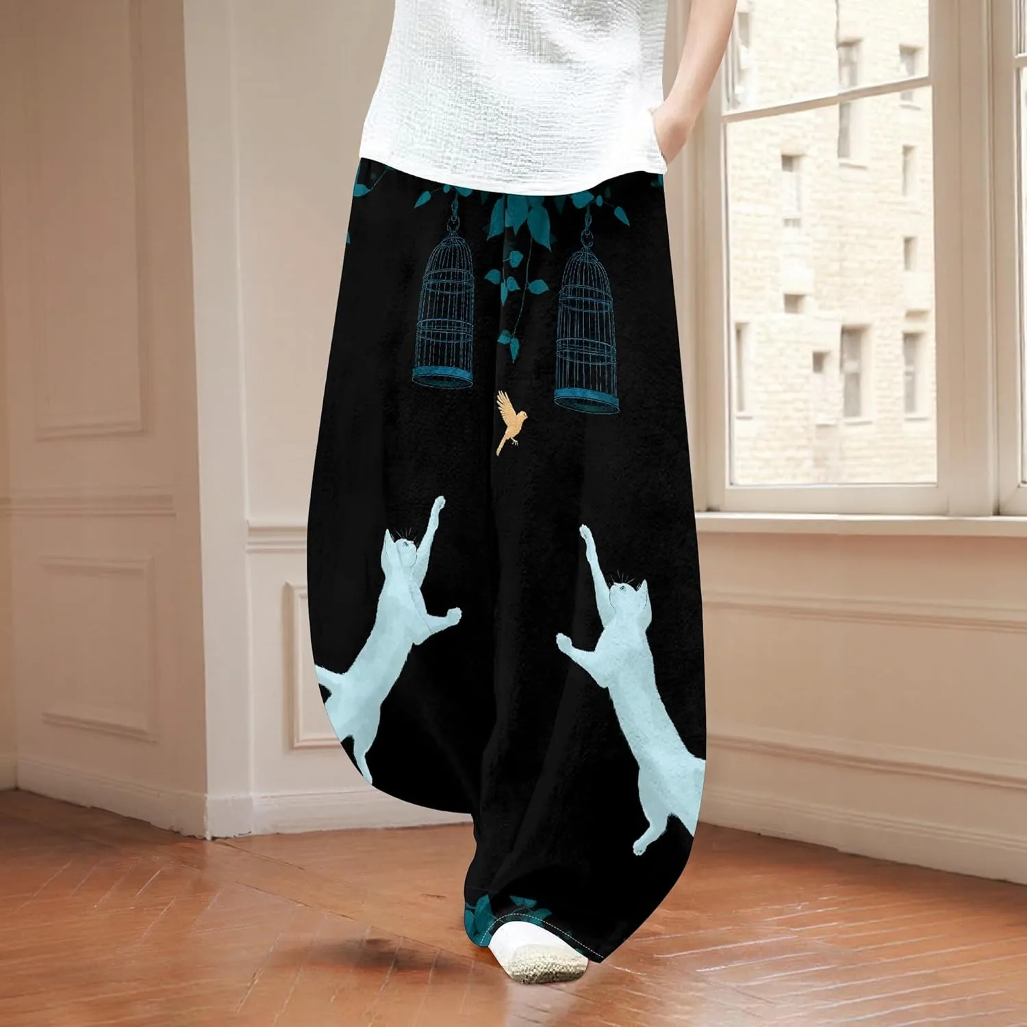 Womens Trendy Cotton Linen Low Rise Wide Leg Pants with Pockets Summer Casual Elastic Waist Palazzo Lantern Trouser