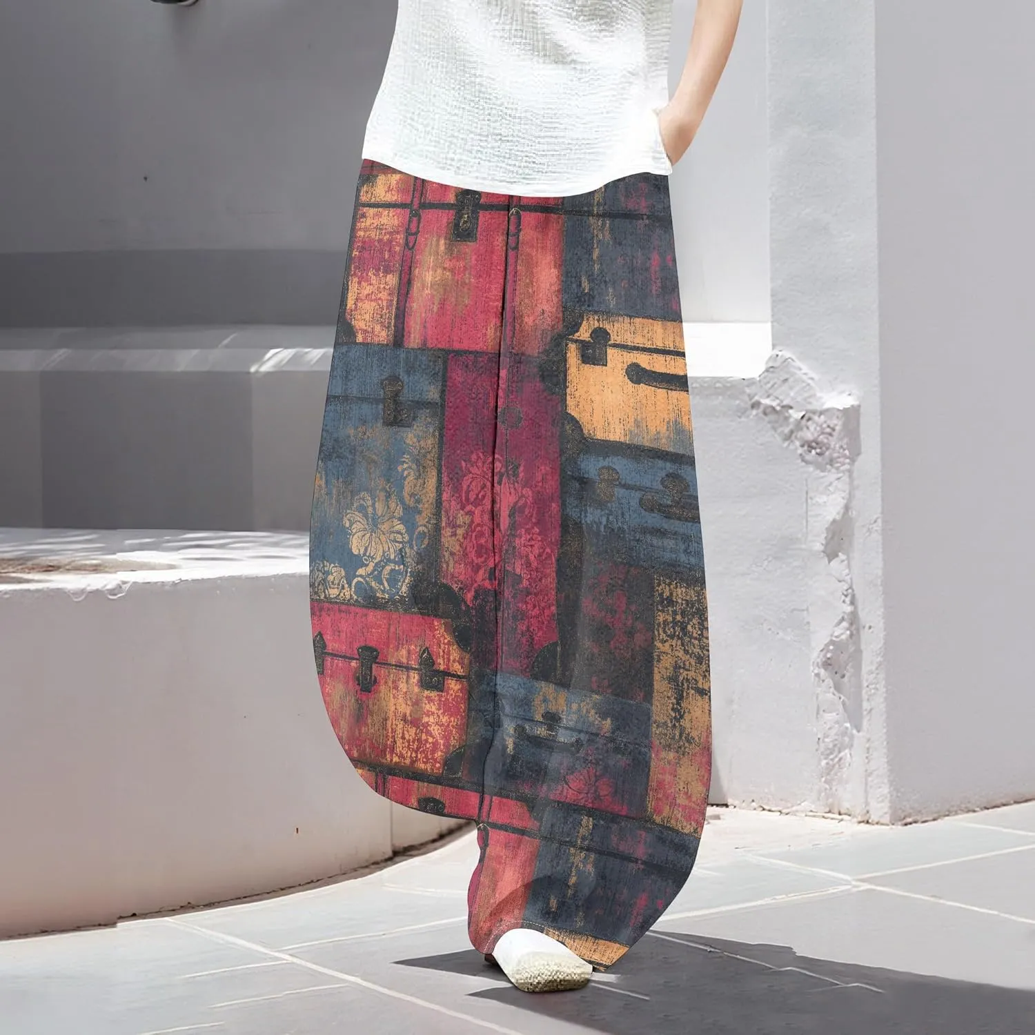 Womens Trendy Cotton Linen Low Rise Wide Leg Pants with Pockets Summer Casual Elastic Waist Palazzo Lantern Trouser