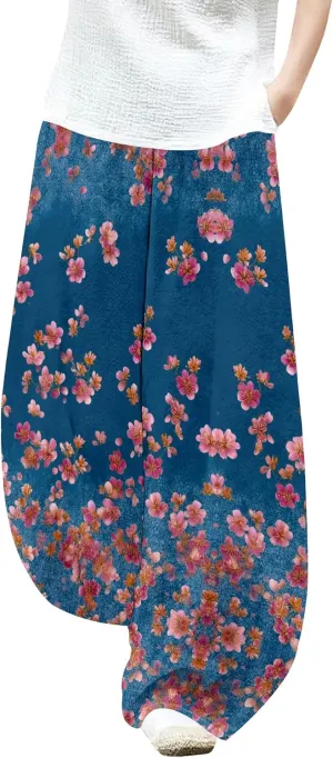 Womens Trendy Cotton Linen Low Rise Wide Leg Pants with Pockets Summer Casual Elastic Waist Palazzo Lantern Trouser