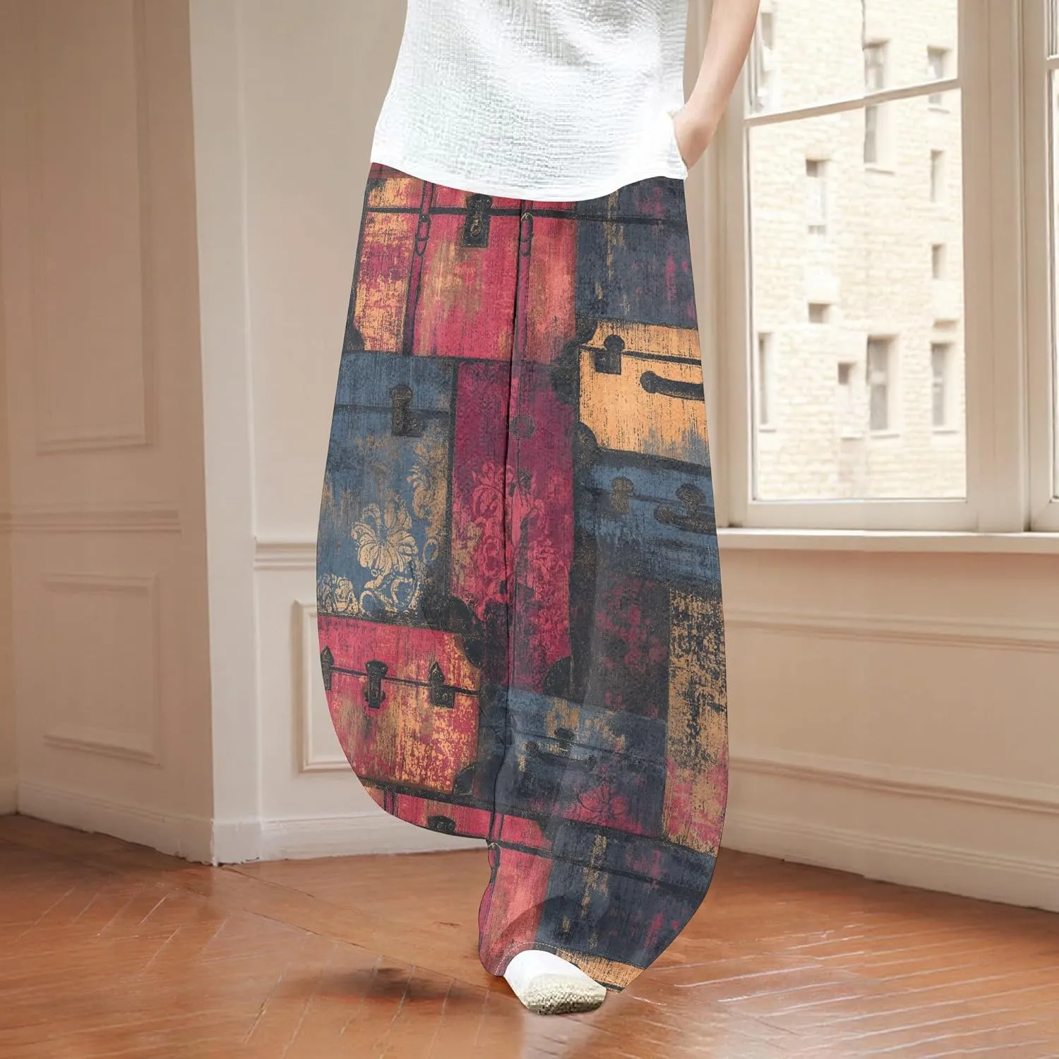 Womens Trendy Cotton Linen Low Rise Wide Leg Pants with Pockets Summer Casual Elastic Waist Palazzo Lantern Trouser