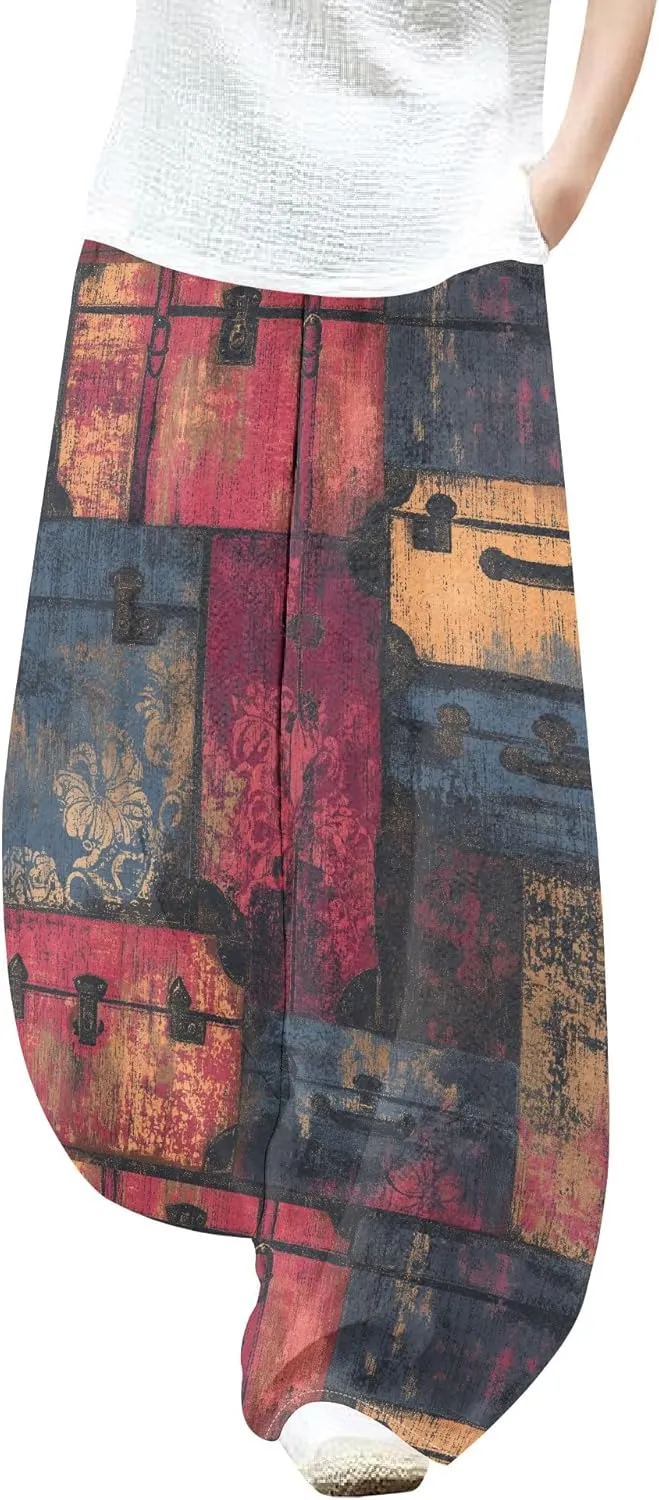 Womens Trendy Cotton Linen Low Rise Wide Leg Pants with Pockets Summer Casual Elastic Waist Palazzo Lantern Trouser