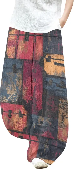 Womens Trendy Cotton Linen Low Rise Wide Leg Pants with Pockets Summer Casual Elastic Waist Palazzo Lantern Trouser
