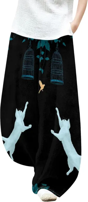 Womens Trendy Cotton Linen Low Rise Wide Leg Pants with Pockets Summer Casual Elastic Waist Palazzo Lantern Trouser