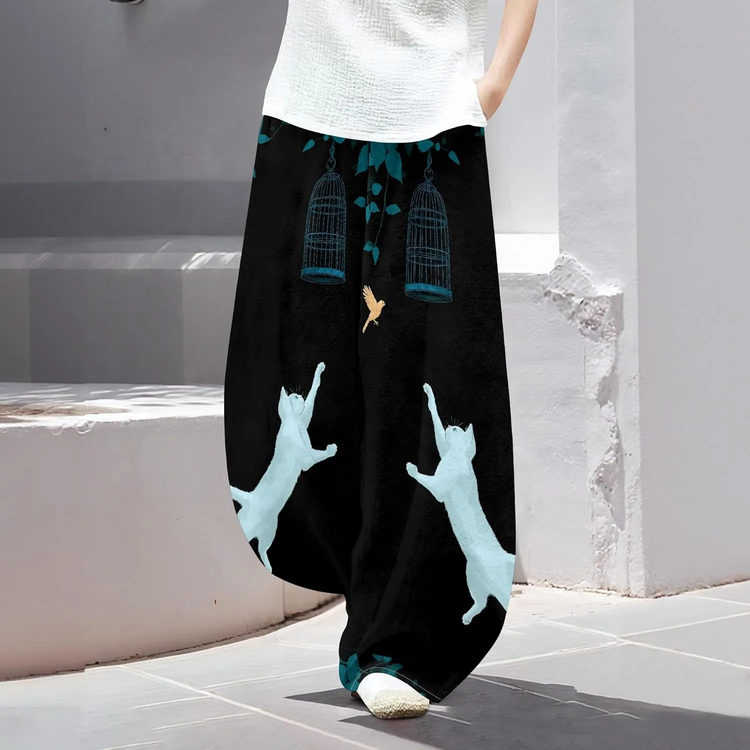 Womens Trendy Cotton Linen Low Rise Wide Leg Pants with Pockets Summer Casual Elastic Waist Palazzo Lantern Trouser