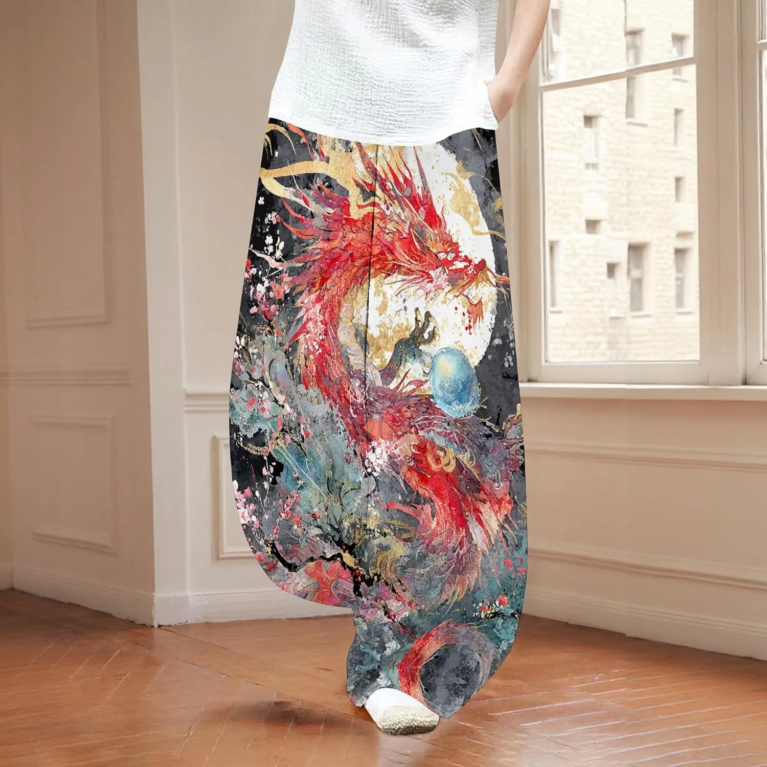 Womens Trendy Cotton Linen Low Rise Wide Leg Pants with Pockets Summer Casual Elastic Waist Palazzo Lantern Trouser
