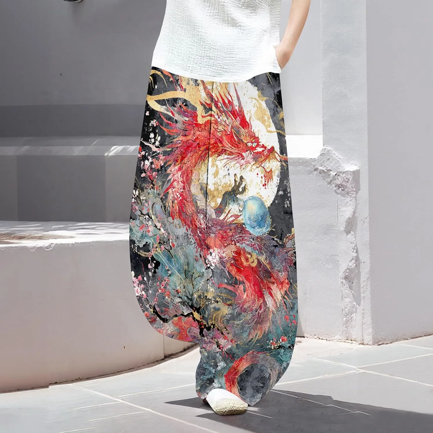 Womens Trendy Cotton Linen Low Rise Wide Leg Pants with Pockets Summer Casual Elastic Waist Palazzo Lantern Trouser