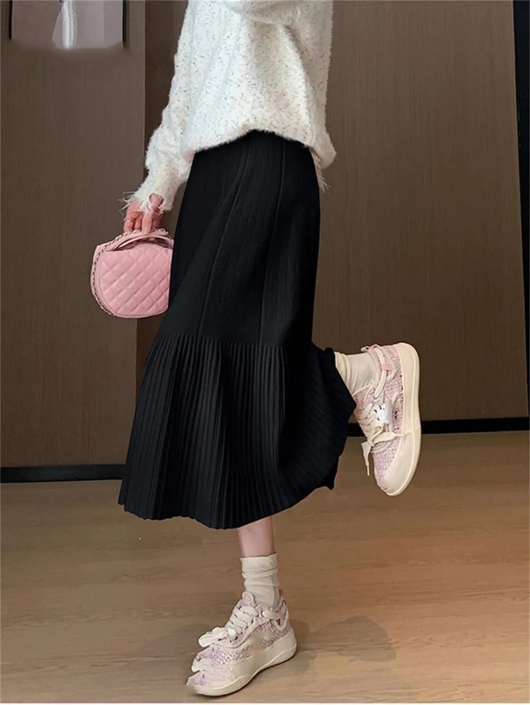 Women's Wool Knitted Skirt Casual Stretch High Waist Pleated A-Line Solid Color Midi Skirts