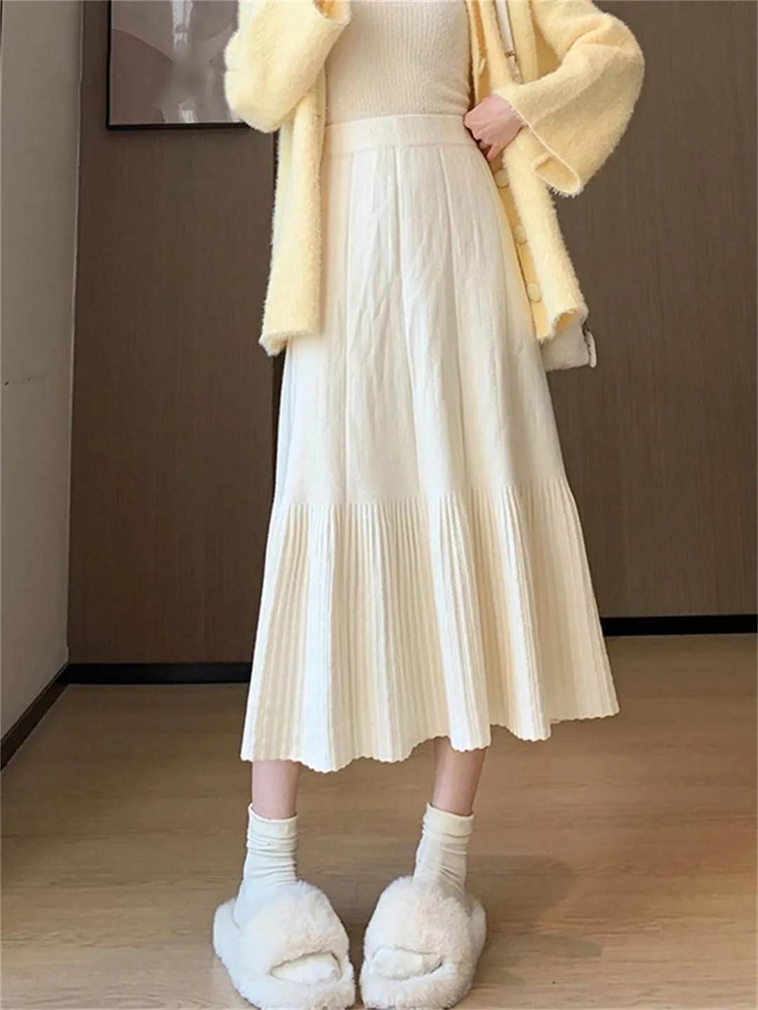 Women's Wool Knitted Skirt Casual Stretch High Waist Pleated A-Line Solid Color Midi Skirts