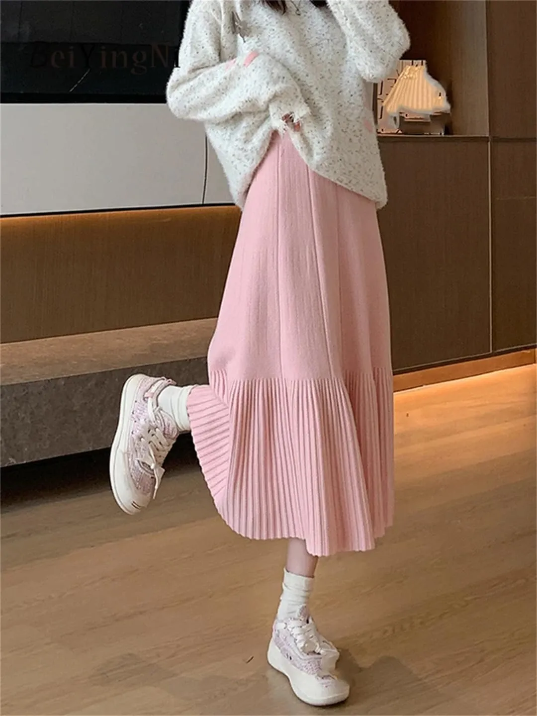 Women's Wool Knitted Skirt Casual Stretch High Waist Pleated A-Line Solid Color Midi Skirts