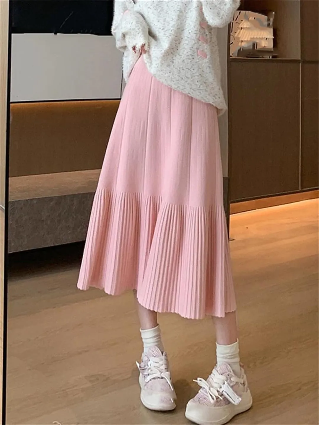 Women's Wool Knitted Skirt Casual Stretch High Waist Pleated A-Line Solid Color Midi Skirts