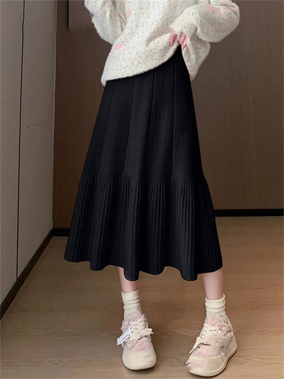 Women's Wool Knitted Skirt Casual Stretch High Waist Pleated A-Line Solid Color Midi Skirts