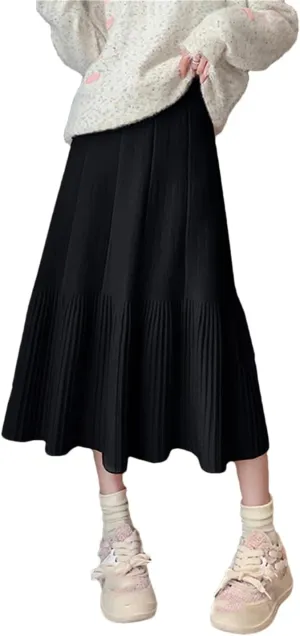 Women's Wool Knitted Skirt Casual Stretch High Waist Pleated A-Line Solid Color Midi Skirts