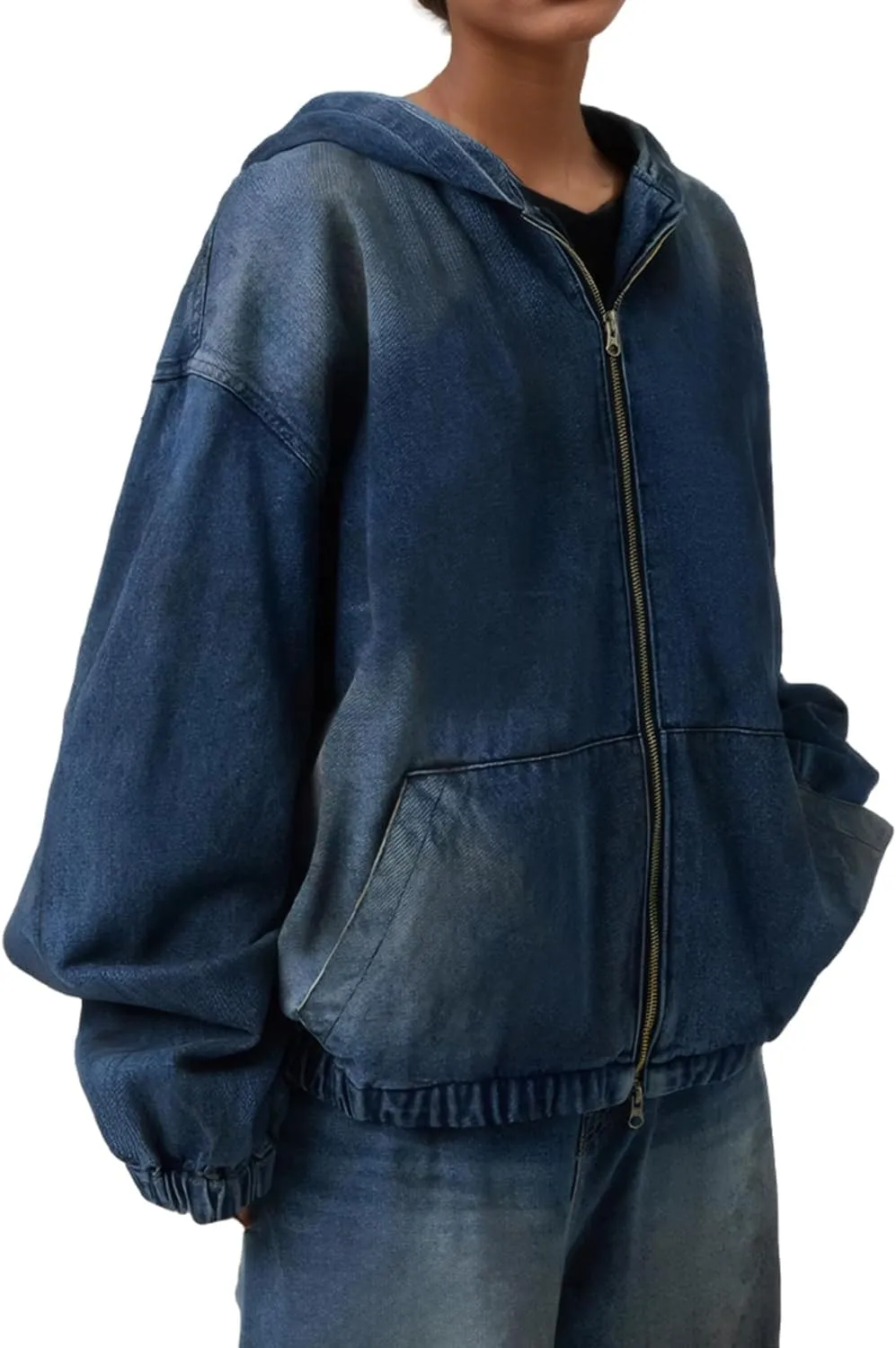 Women's Zip Up Denim Hoodie Sweatshirt Jean Jacket Coats with Pockets