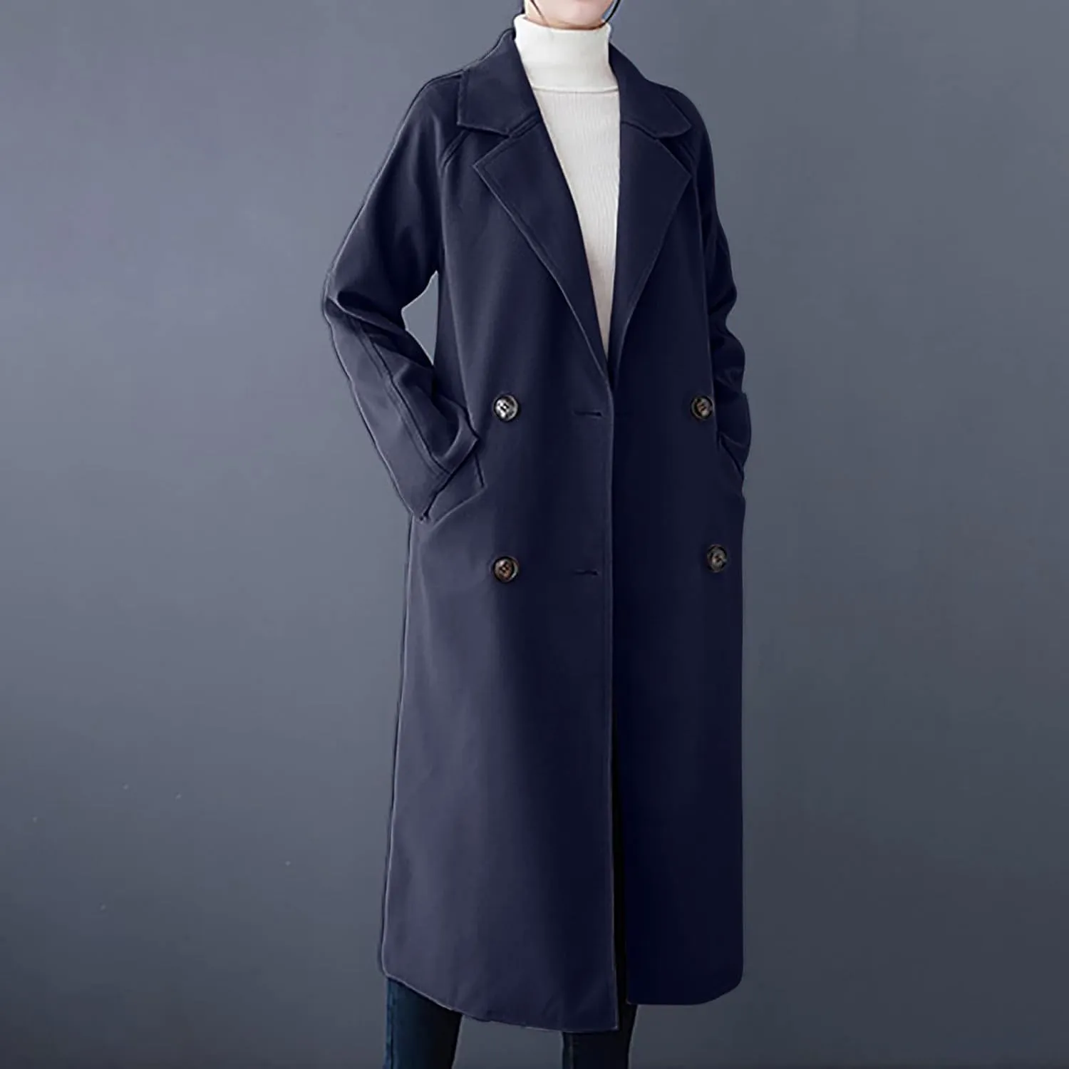 Wool Coats for Women 2024 Trendy Double Breasted Pea Coats Notch Lapel Long Winter Trench Coats with Pockets