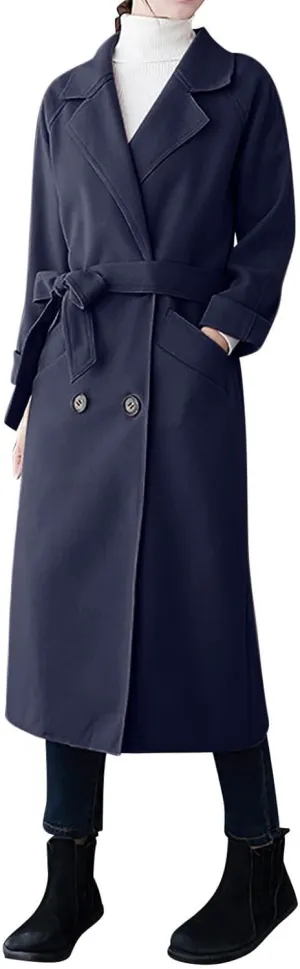 Wool Coats for Women 2024 Trendy Double Breasted Pea Coats Notch Lapel Long Winter Trench Coats with Pockets