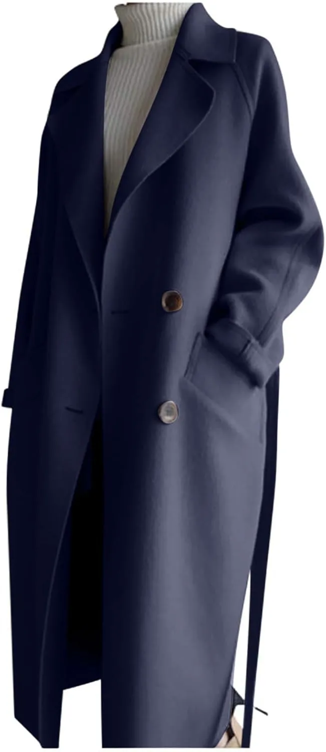 Wool Coats for Women 2024 Trendy Double Breasted Pea Coats Notch Lapel Long Winter Trench Coats with Pockets