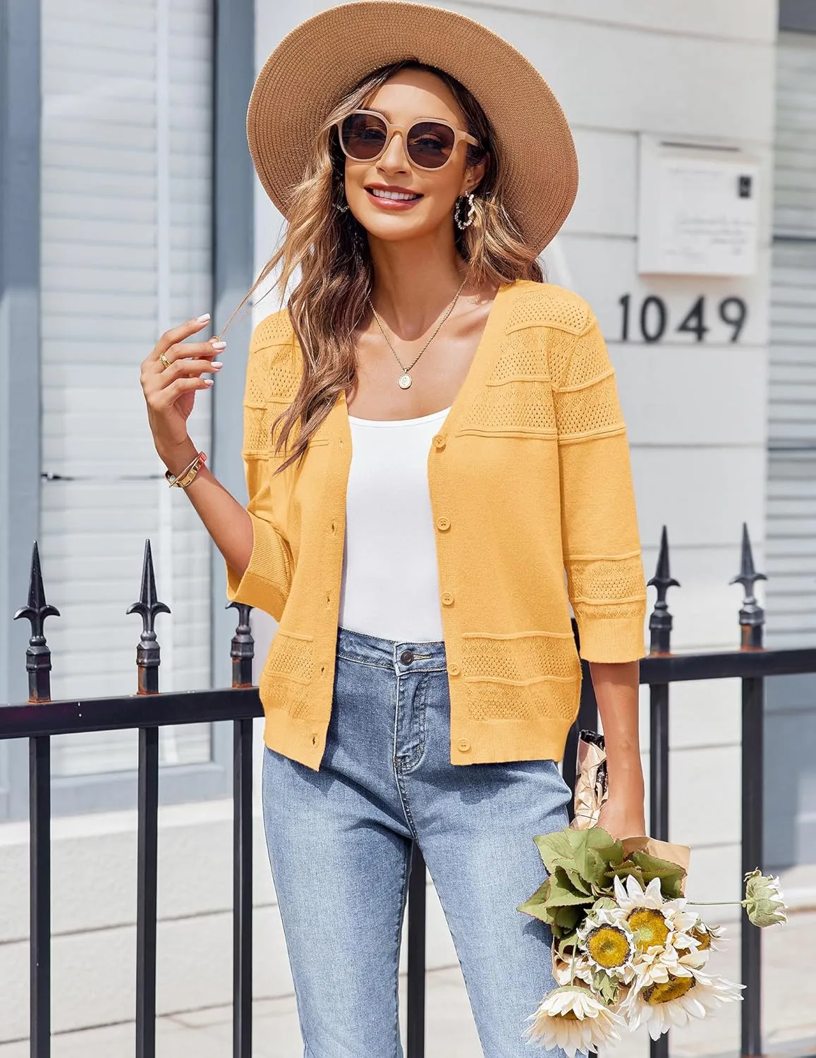Zeagoo Womens Lightweight Summer Cropped Cardigan 3/4 Sleeve Button up Thin Bolero Crochet Knit Shrug Sweater
