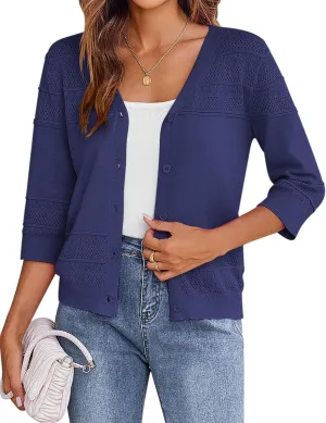 Zeagoo Womens Lightweight Summer Cropped Cardigan 3/4 Sleeve Button up Thin Bolero Crochet Knit Shrug Sweater