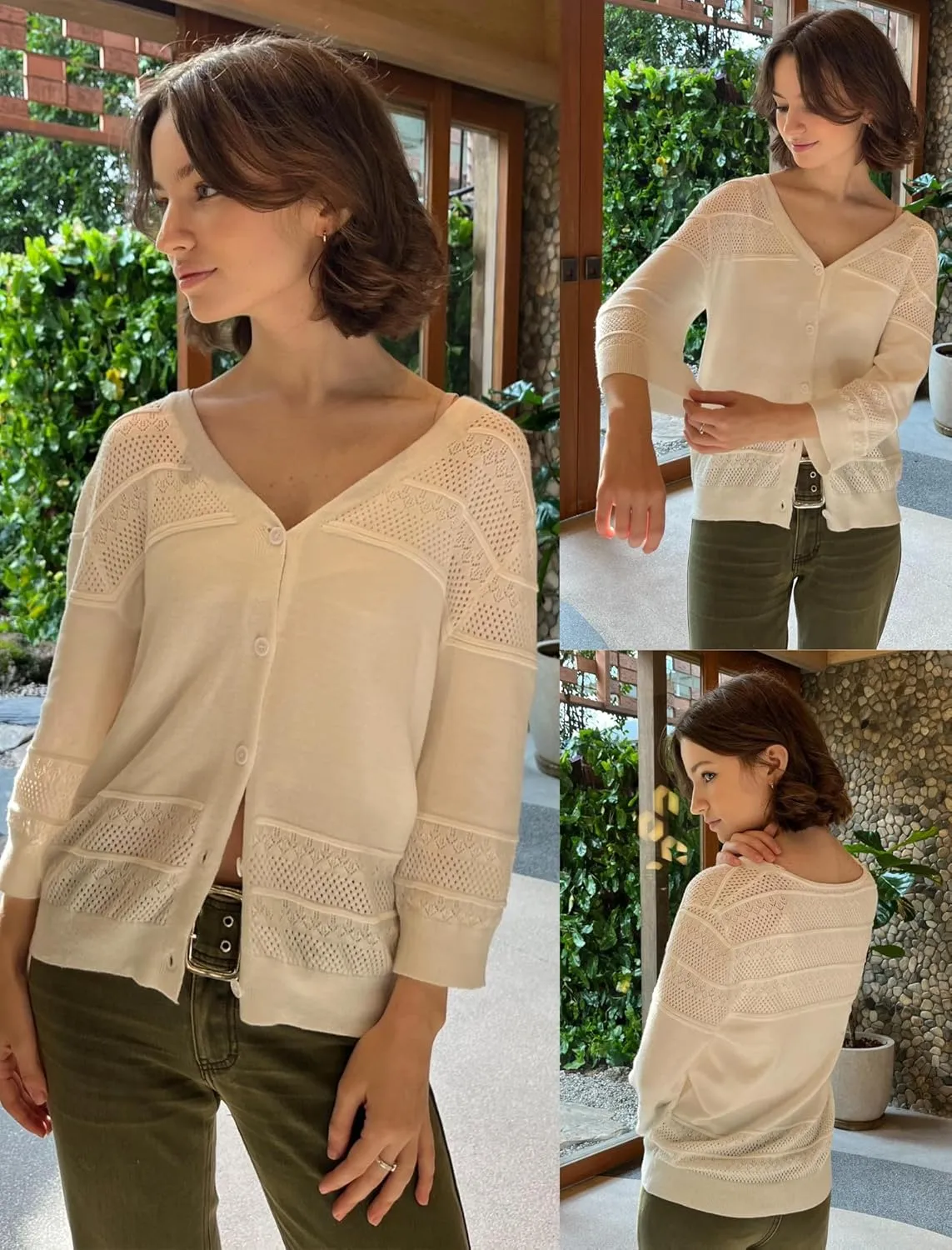 Zeagoo Womens Lightweight Summer Cropped Cardigan 3/4 Sleeve Button up Thin Bolero Crochet Knit Shrug Sweater