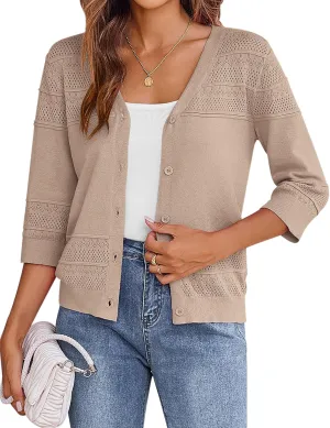Zeagoo Womens Lightweight Summer Cropped Cardigan 3/4 Sleeve Button up Thin Bolero Crochet Knit Shrug Sweater