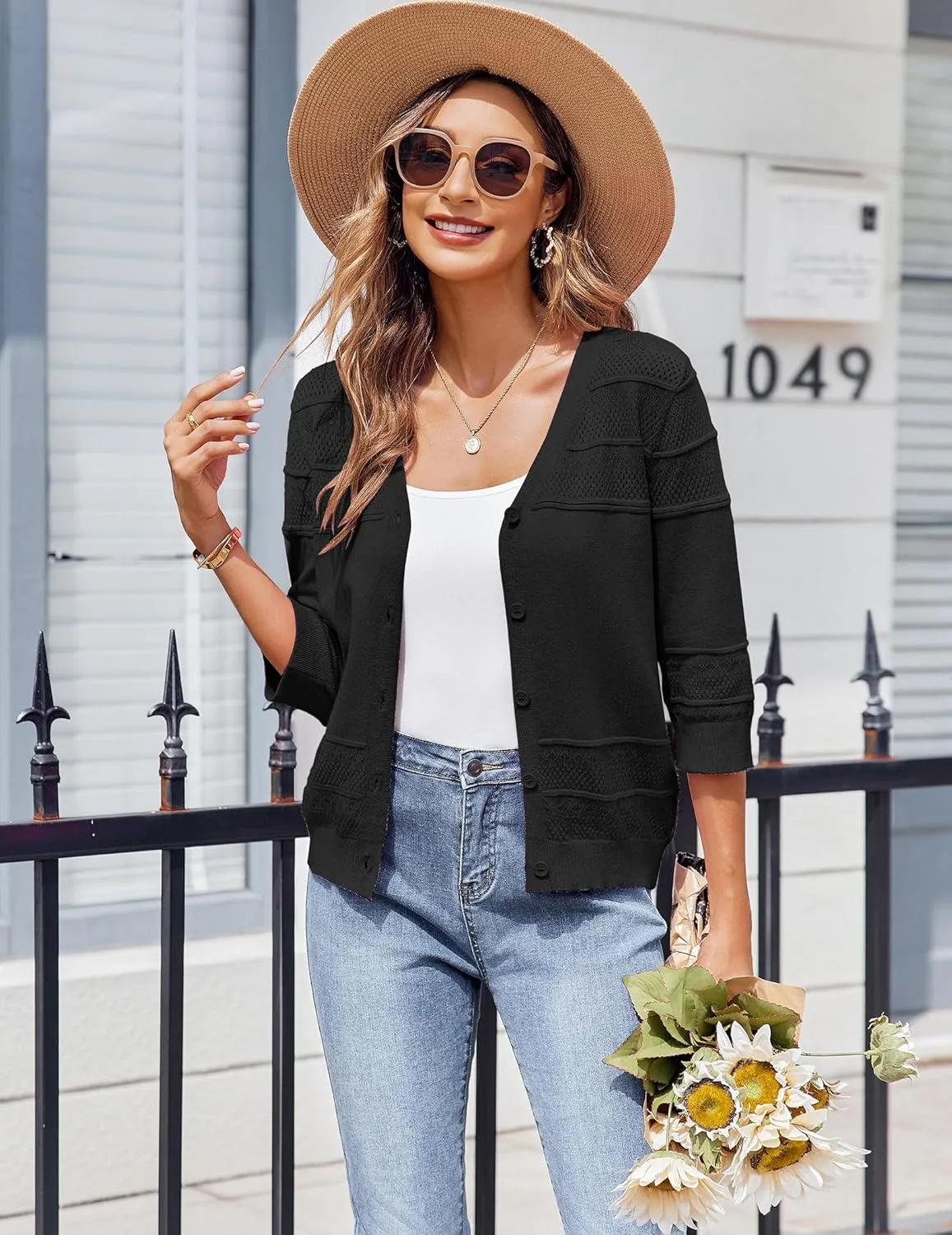 Zeagoo Womens Lightweight Summer Cropped Cardigan 3/4 Sleeve Button up Thin Bolero Crochet Knit Shrug Sweater