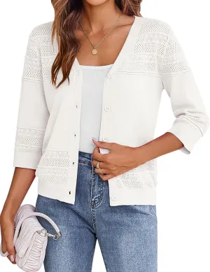 Zeagoo Womens Lightweight Summer Cropped Cardigan 3/4 Sleeve Button up Thin Bolero Crochet Knit Shrug Sweater