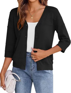 Zeagoo Womens Lightweight Summer Cropped Cardigan 3/4 Sleeve Button up Thin Bolero Crochet Knit Shrug Sweater