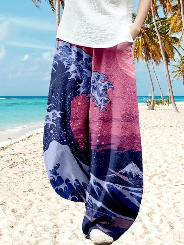 ZOCAVIA Japanese Style Lantern Pants for Women Summer Baggy Boho Floral Wide Leg Pants Elastic Hippie Trouser with Pockets