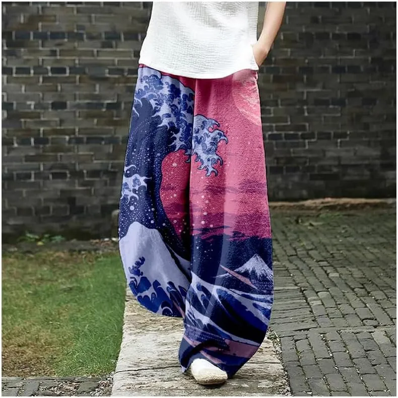 ZOCAVIA Japanese Style Lantern Pants for Women Summer Baggy Boho Floral Wide Leg Pants Elastic Hippie Trouser with Pockets