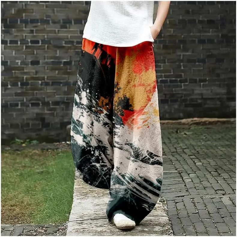 ZOCAVIA Japanese Style Lantern Pants for Women Summer Baggy Boho Floral Wide Leg Pants Elastic Hippie Trouser with Pockets