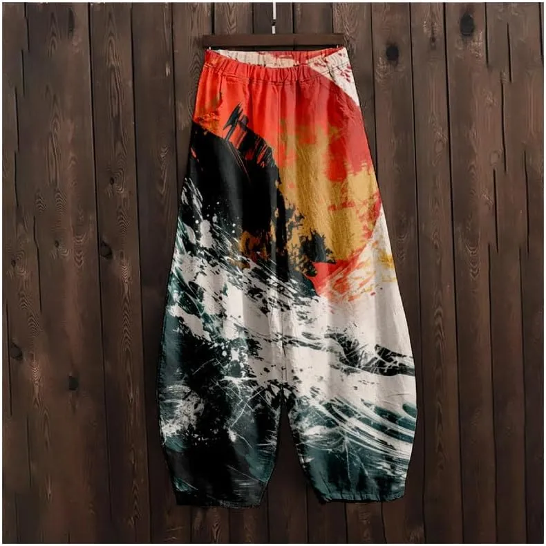 ZOCAVIA Japanese Style Lantern Pants for Women Summer Baggy Boho Floral Wide Leg Pants Elastic Hippie Trouser with Pockets