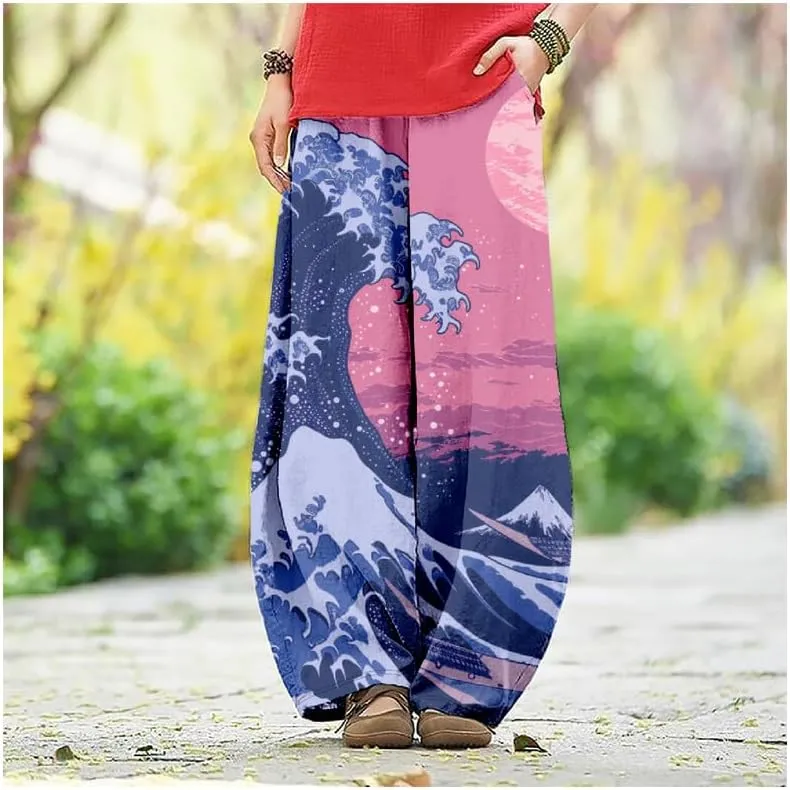 ZOCAVIA Japanese Style Lantern Pants for Women Summer Baggy Boho Floral Wide Leg Pants Elastic Hippie Trouser with Pockets