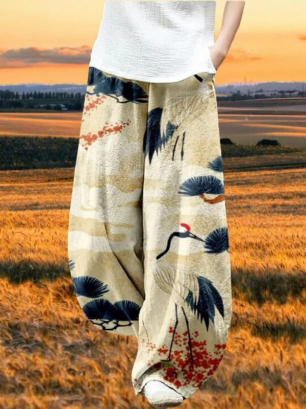 ZOCAVIA Japanese Style Lantern Pants for Women Summer Baggy Boho Floral Wide Leg Pants Elastic Hippie Trouser with Pockets