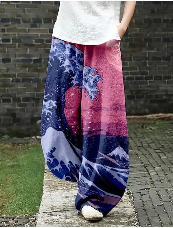 ZOCAVIA Japanese Style Lantern Pants for Women Summer Baggy Boho Floral Wide Leg Pants Elastic Hippie Trouser with Pockets