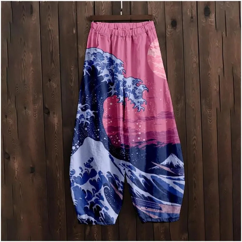 ZOCAVIA Japanese Style Lantern Pants for Women Summer Baggy Boho Floral Wide Leg Pants Elastic Hippie Trouser with Pockets